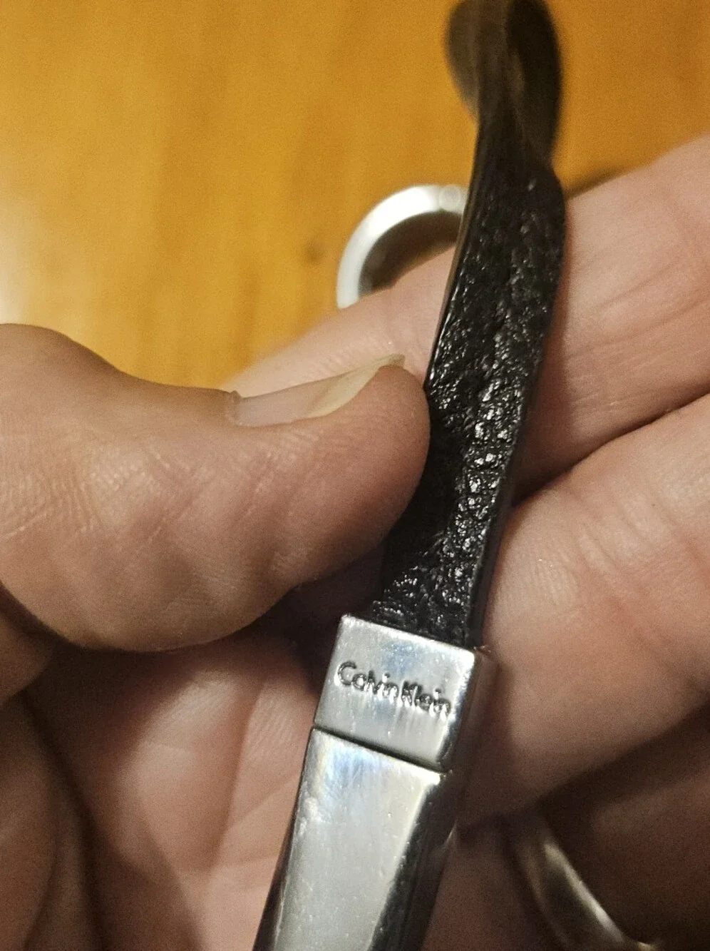 Calvin Klein Black Leather With Silver Bar Purse Charm Decor